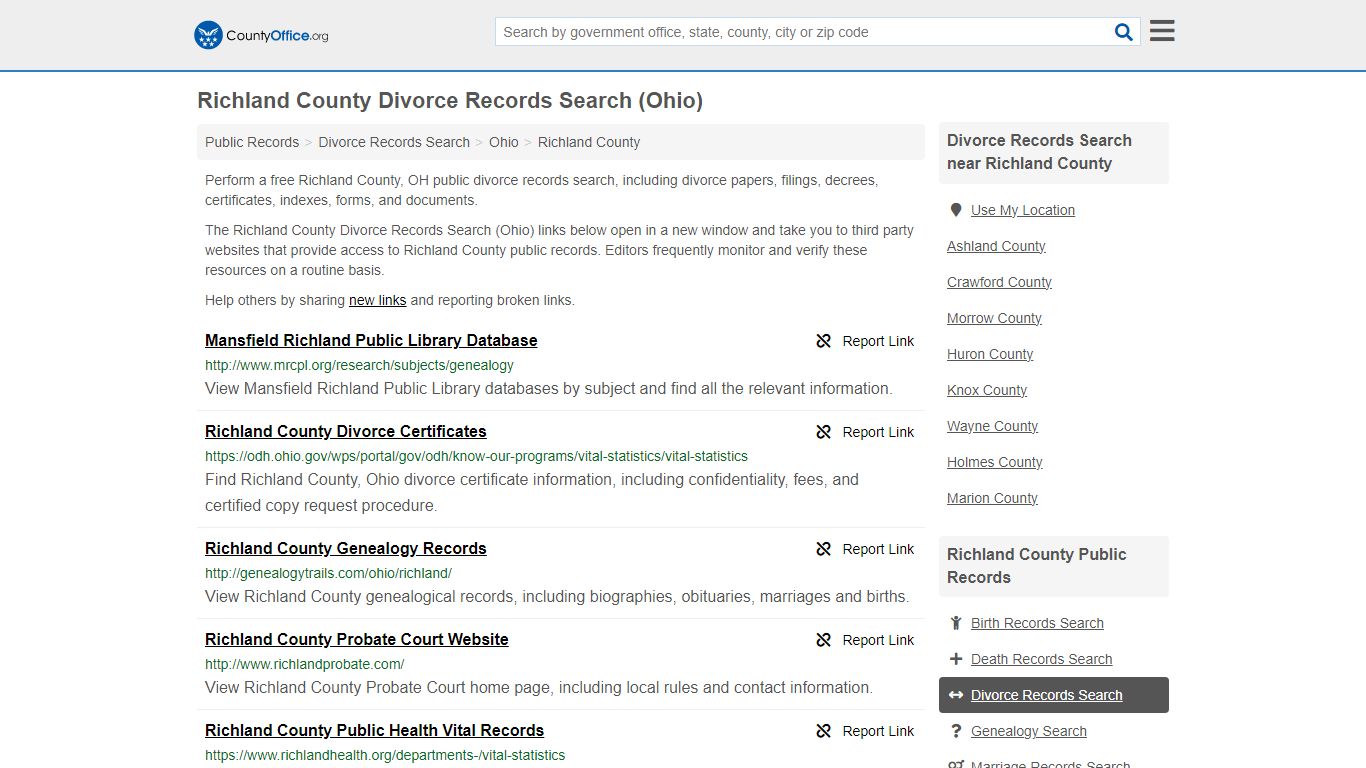 Richland County Divorce Records Search (Ohio) - County Office