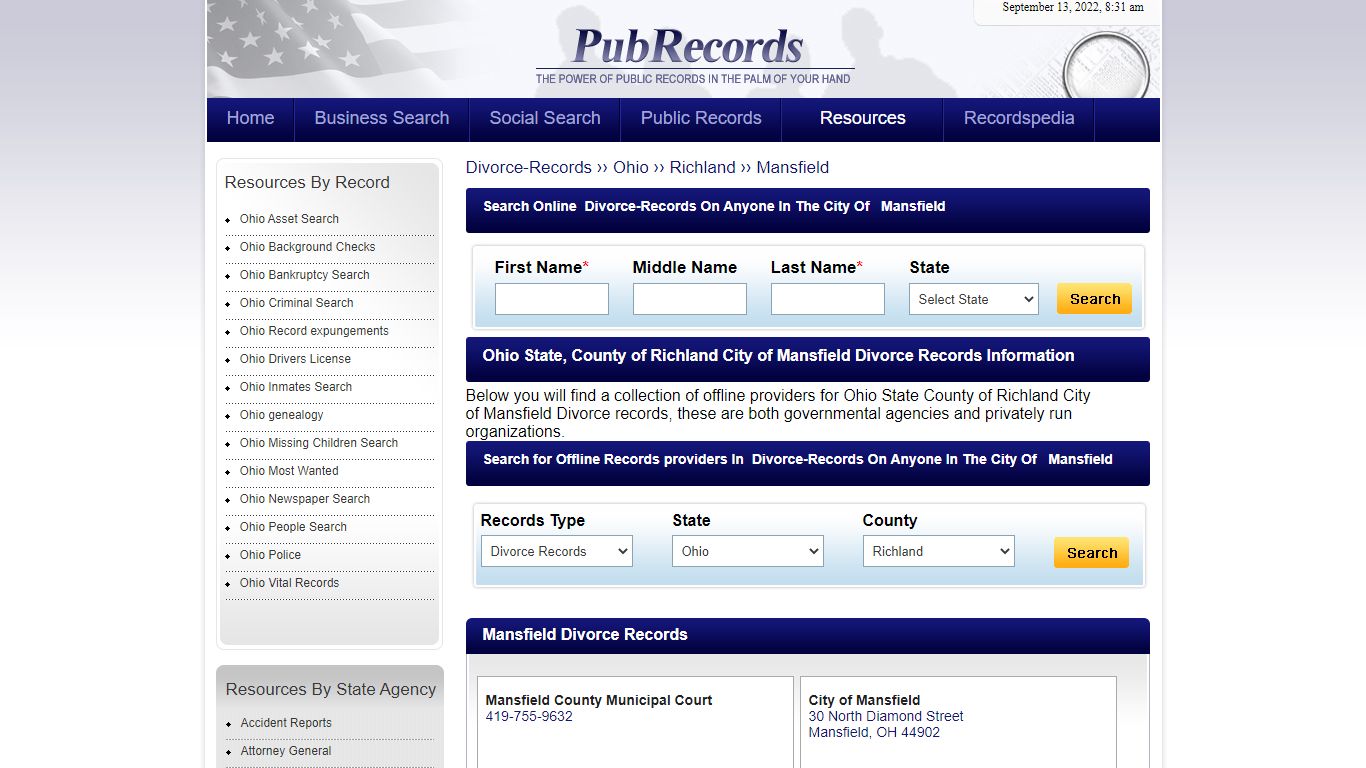 Mansfield, Richland County, Ohio Divorce Records